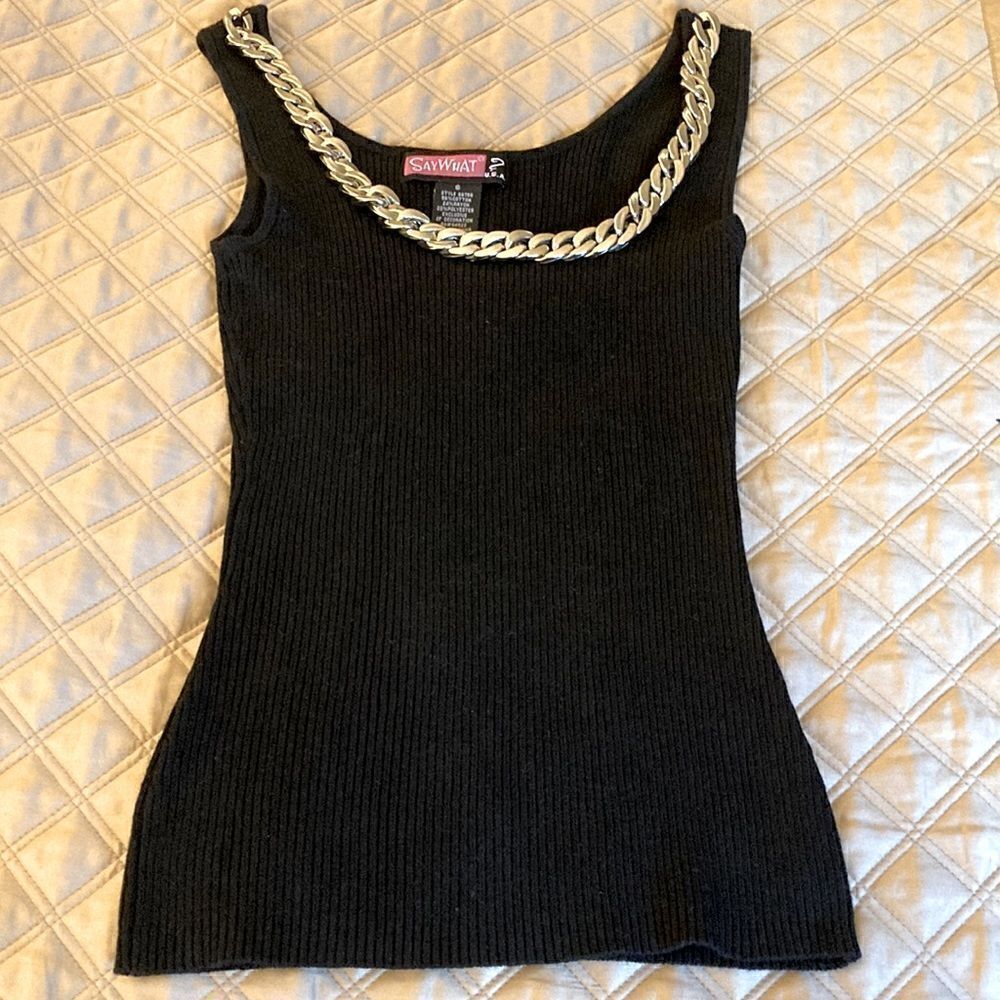 SayWhat? NWOT Ribbed Tank Top With Silver-tone Chain around Neckline. Size Small